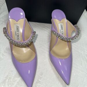 Jimmy Choo Purple Patent Leather Heels with Crystal strap  Embellishment